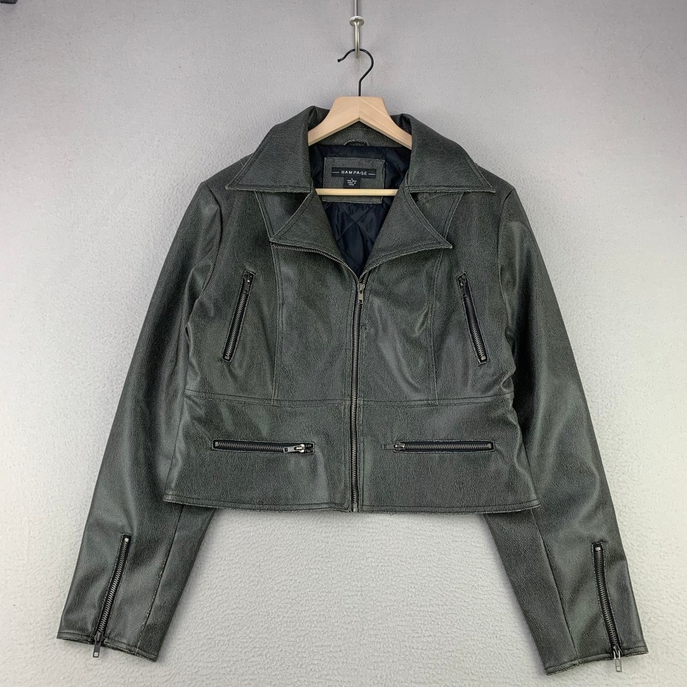 Vintage Rampage Faux Leather Moto Jacket Women Large Gray Biker Y2K‎ Cropped